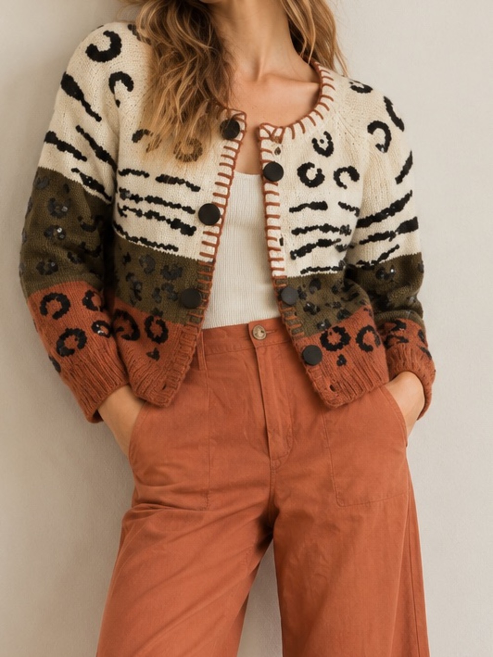 Vtg Work In Progress Glady’s Bagley Leopard Tiger Sequin Knit Cardigan Sweater